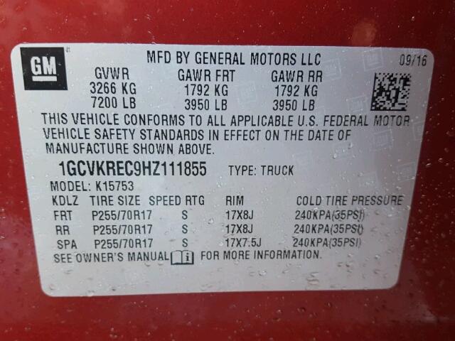 1GCVKREC9HZ111855 - 2017 CHEVROLET SILVERADO RED photo 10