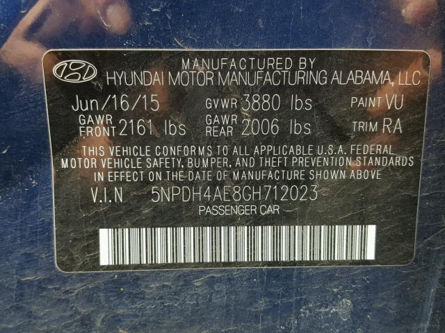 5NPDH4AE8GH712023 - 2016 HYUNDAI ELANTRA SE BLUE photo 10