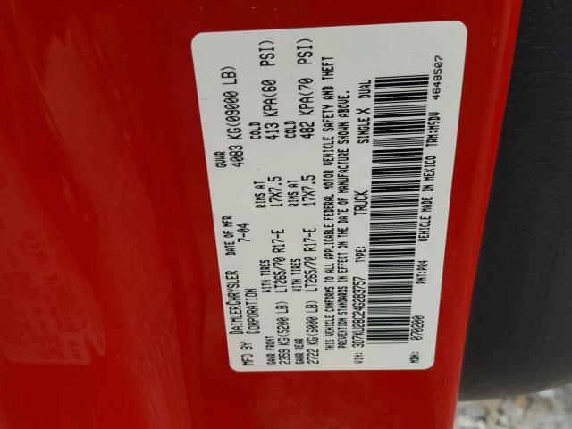 3D7KU28C24G283757 - 2004 DODGE RAM 2500 S RED photo 10