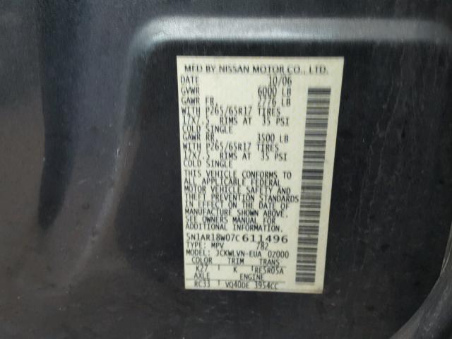 5N1AR18W07C611496 - 2007 NISSAN PATHFINDER GRAY photo 10