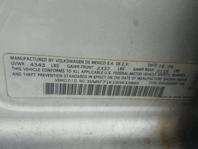 3VWRF71K15M633865 - 2005 VOLKSWAGEN NEW JETTA SILVER photo 10