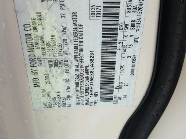 1FMEU75EX8UA38231 - 2008 FORD EXPLORER L WHITE photo 10