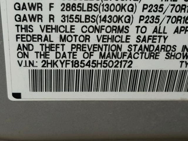 2HKYF18545H502172 - 2005 HONDA PILOT EXL SILVER photo 10