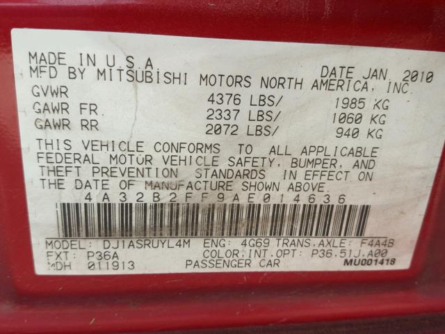 4A32B2FF9AE014636 - 2010 MITSUBISHI GALANT FE RED photo 10