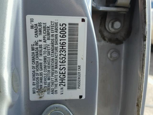 2HGES16523H616065 - 2003 HONDA CIVIC LX SILVER photo 10