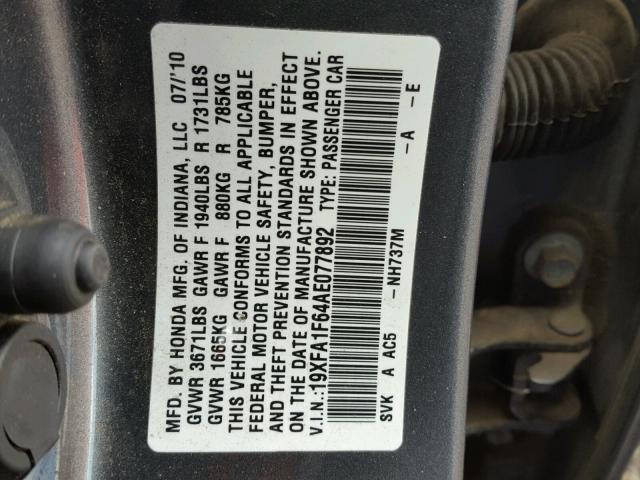 19XFA1F64AE077892 - 2010 HONDA CIVIC GRAY photo 10