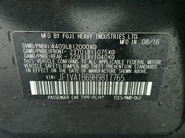 JF1VA1B69H9817765 - 2017 SUBARU WRX CHARCOAL photo 10