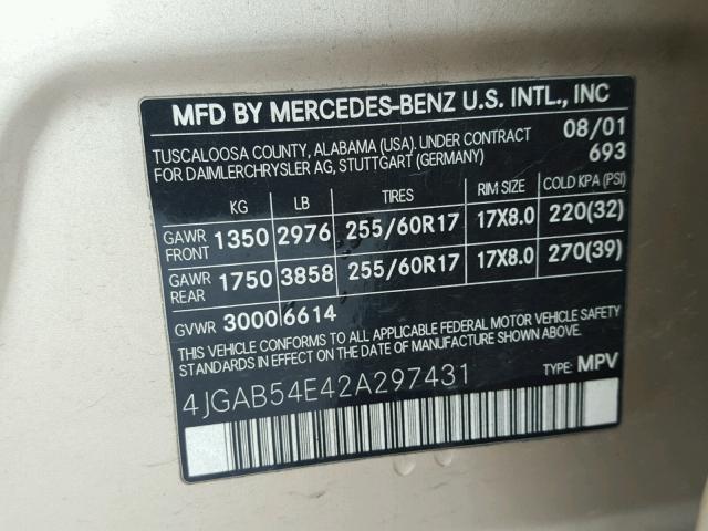 4JGAB54E42A297431 - 2002 MERCEDES-BENZ ML 320 GOLD photo 10