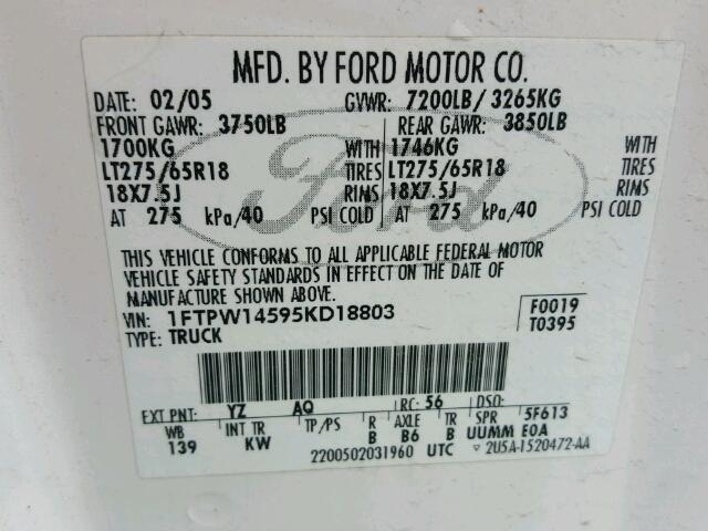 1FTPW14595KD18803 - 2005 FORD F150 SUPER WHITE photo 10