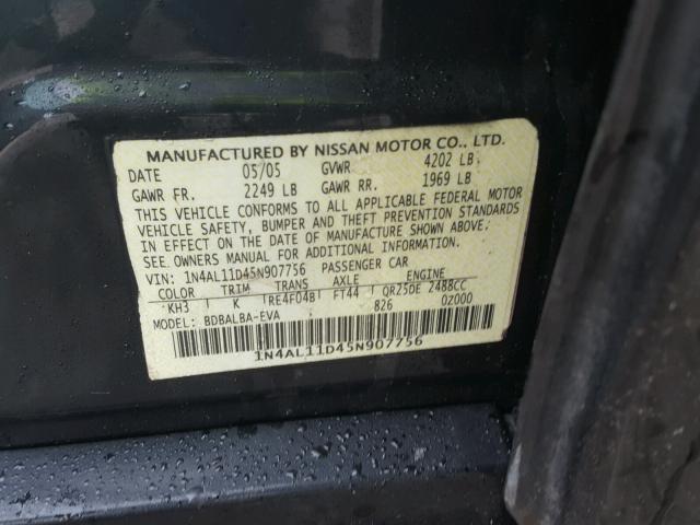 1N4AL11D45N907756 - 2005 NISSAN ALTIMA S BLACK photo 10