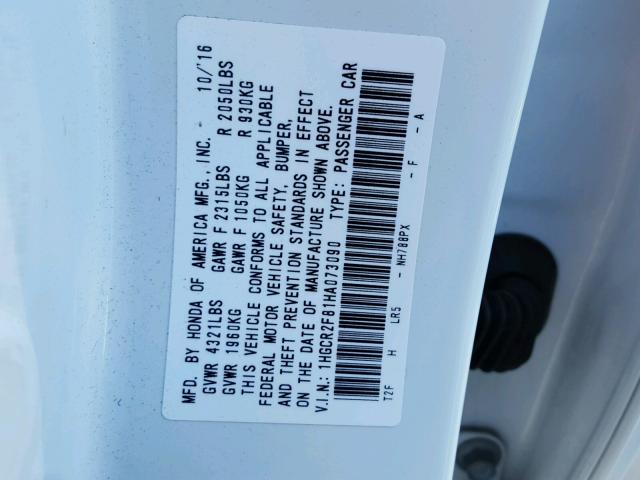 1HGCR2F81HA073090 - 2017 HONDA ACCORD EXL WHITE photo 10