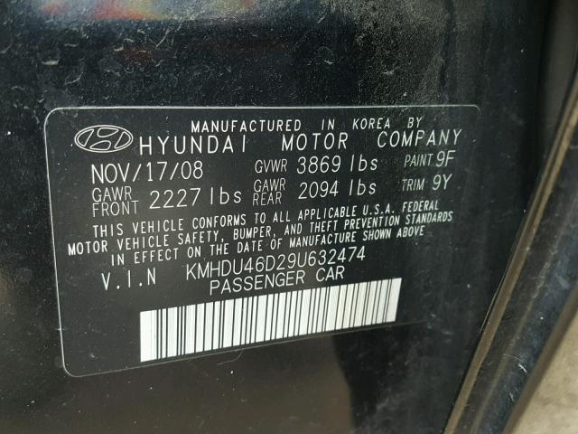 KMHDU46D29U632474 - 2009 HYUNDAI ELANTRA GL BLACK photo 10