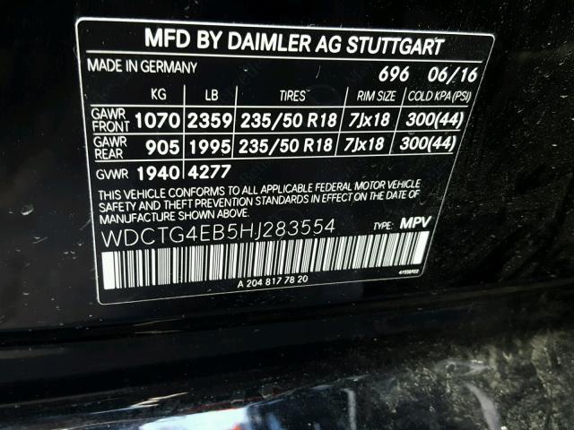 WDCTG4EB5HJ283554 - 2017 MERCEDES-BENZ GLA 250 BLACK photo 10