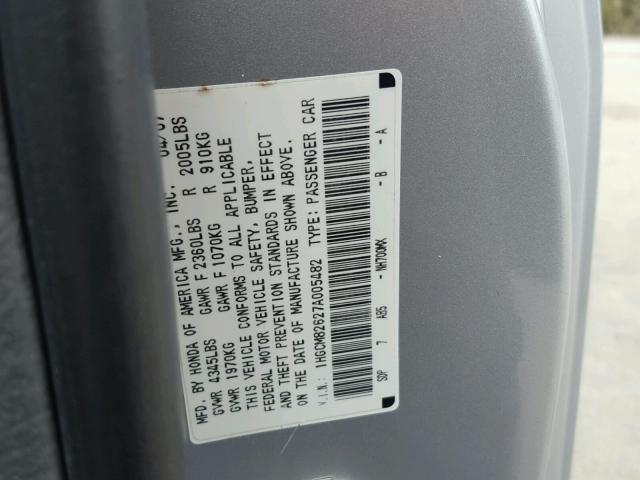 1HGCM82627A005482 - 2007 HONDA ACCORD EX SILVER photo 10