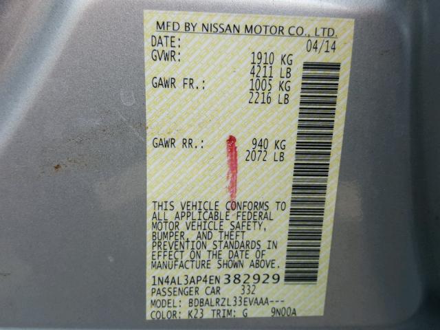 1N4AL3AP4EN382929 - 2014 NISSAN ALTIMA 2.5 SILVER photo 10