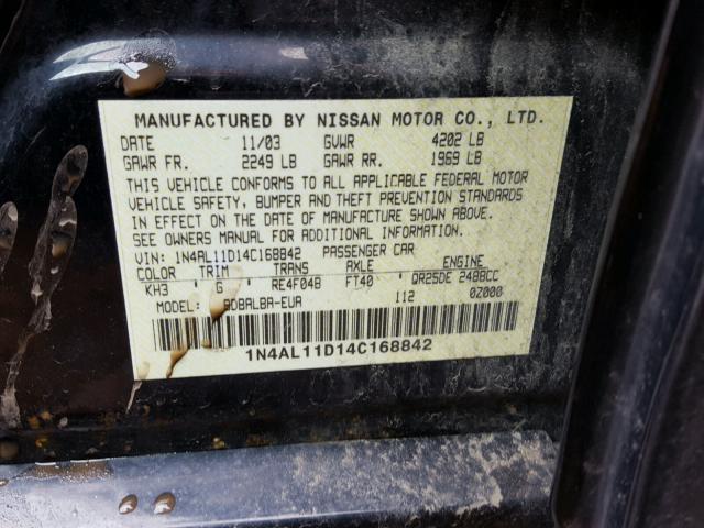 1N4AL11D14C168842 - 2004 NISSAN ALTIMA BAS BLACK photo 10