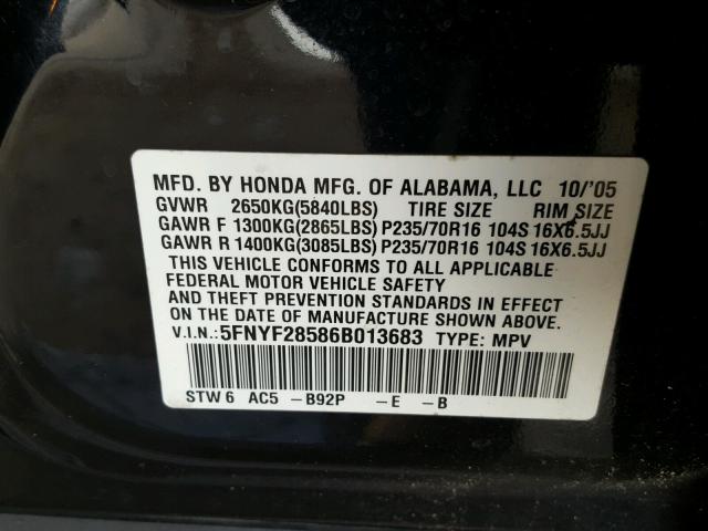 5FNYF28586B013683 - 2006 HONDA PILOT EX BLACK photo 10