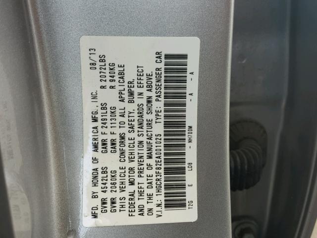 1HGCR3F82EA001025 - 2014 HONDA ACCORD EXL SILVER photo 10