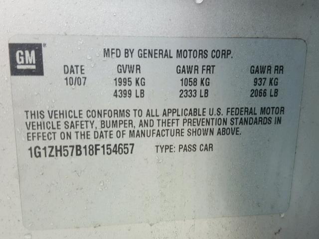 1G1ZH57B18F154657 - 2008 CHEVROLET MALIBU 1LT 银色 照片 10