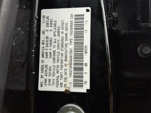 1HGCP26869A061587 - 2009 HONDA ACCORD EXL BLACK photo 10