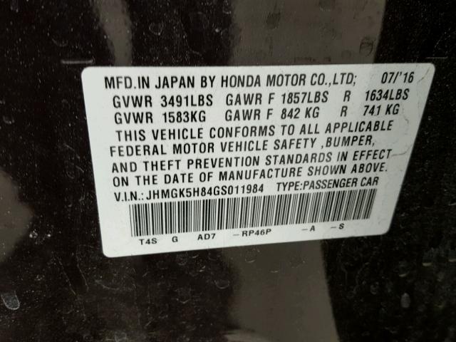 JHMGK5H84GS011984 - 2016 HONDA FIT EX PURPLE photo 10