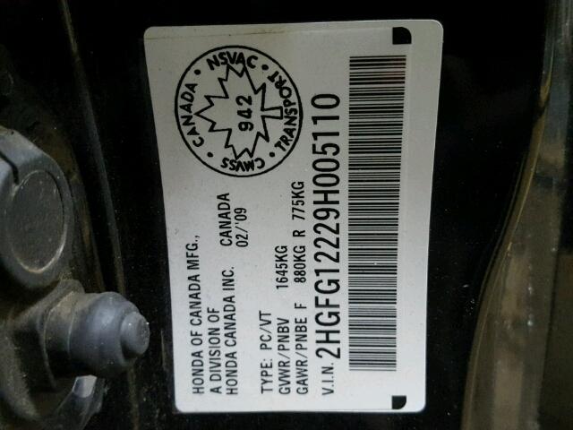 2HGFG12229H005110 - 2009 HONDA CIVIC DX BLACK photo 10