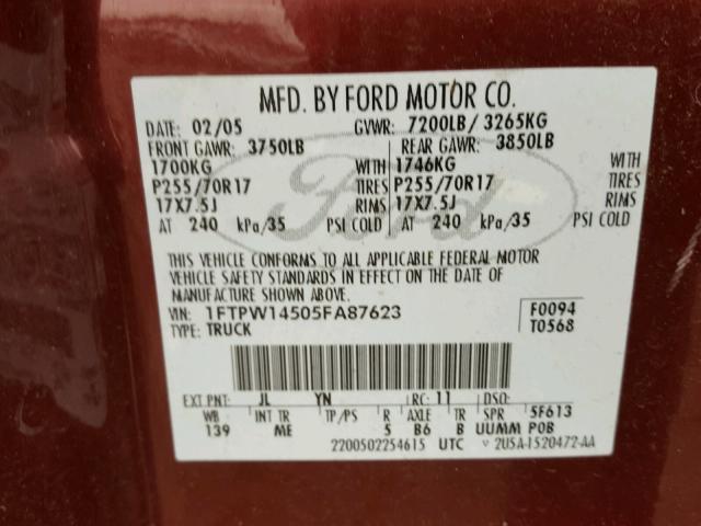 1FTPW14505FA87623 - 2005 FORD F150 SUPER MAROON photo 10