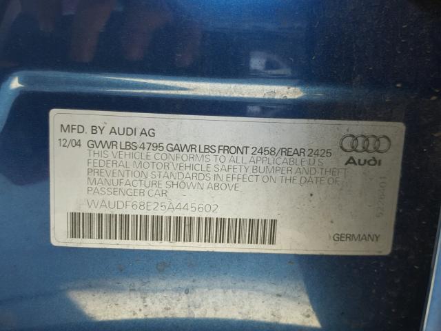 WAUDF68E25A445602 - 2005 AUDI A4 2.0T QU BLUE photo 10