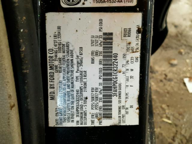 3FAHP0CG1CR322440 - 2012 FORD FUSION SEL BLACK photo 10