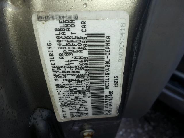 4T1BG22KXWU380038 - 1998 TOYOTA CAMRY CE TAN photo 10