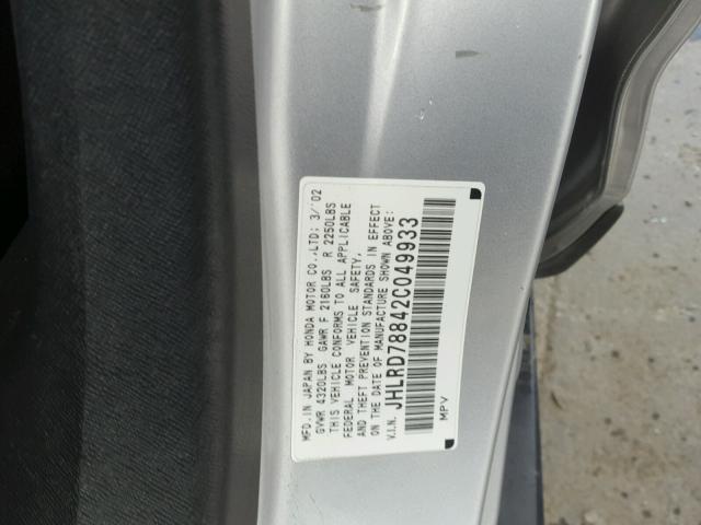 JHLRD78842C049933 - 2002 HONDA CR-V EX SILVER photo 10