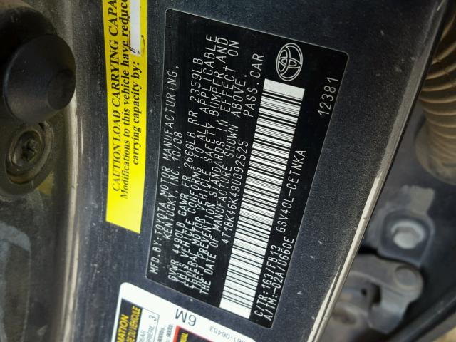 4T1BK46K49U092525 - 2009 TOYOTA CAMRY SE GRAY photo 10