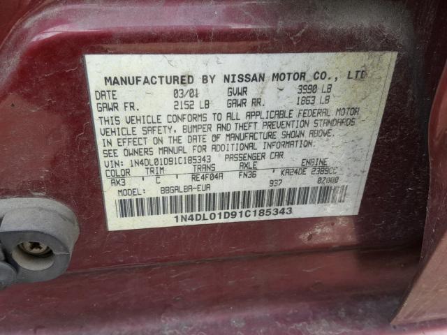 1N4DL01D91C185343 - 2001 NISSAN ALTIMA XE MAROON photo 10