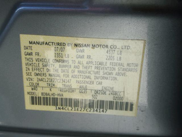 1N4CL21E27C234147 - 2007 NISSAN ALTIMA HYB GRAY photo 10