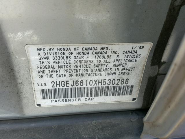 2HGEJ6610XH530286 - 1999 HONDA CIVIC BASE SILVER photo 10