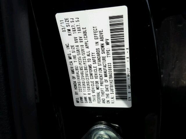 5J8TB1H27BA006833 - 2011 ACURA RDX BLACK photo 10