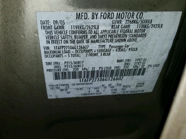 1FAFP27106G126607 - 2006 FORD FIVE HUNDR TAN photo 10