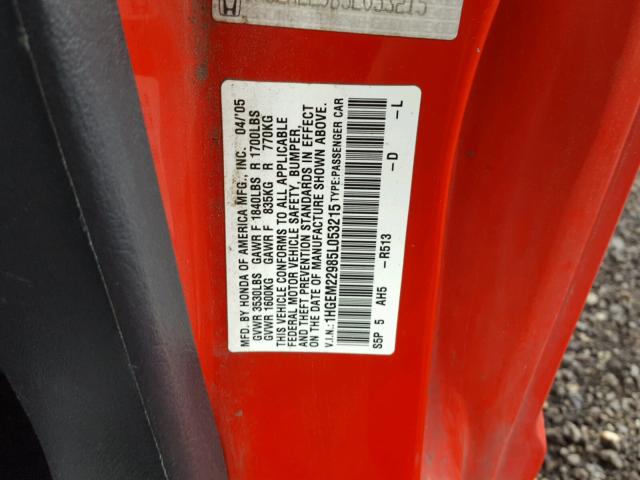 1HGEM22985L053215 - 2005 HONDA CIVIC EX RED photo 10
