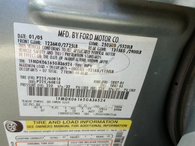 1FMDK06165GA36524 - 2005 FORD FREESTYLE GREEN photo 10