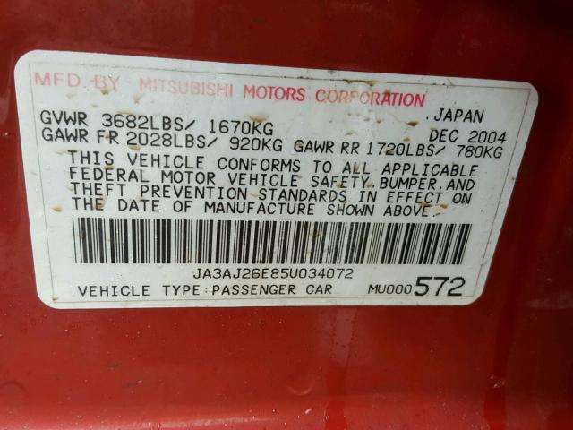 JA3AJ26E85U034072 - 2005 MITSUBISHI LANCER ES RED photo 10