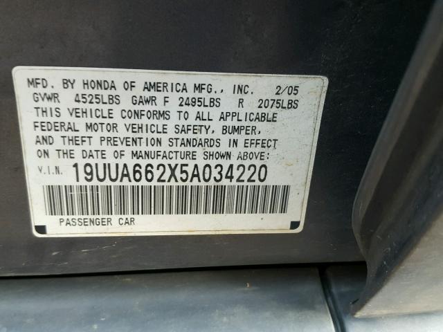 19UUA662X5A034220 - 2005 ACURA TL GRAY photo 10