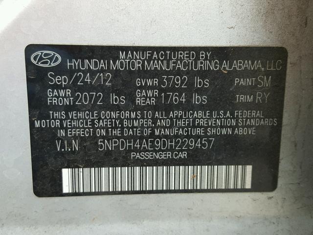 5NPDH4AE9DH229457 - 2013 HYUNDAI ELANTRA GL SILVER photo 10