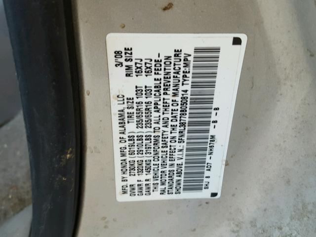 5FNRL38778B050814 - 2008 HONDA ODYSSEY EX SILVER photo 10