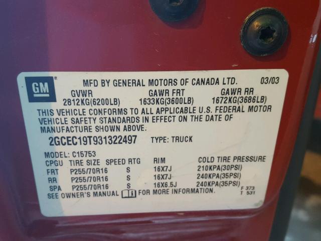 2GCEC19T931322497 - 2003 CHEVROLET SILVERADO RED photo 10