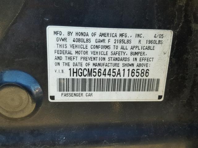 1HGCM56445A116586 - 2005 HONDA ACCORD LX GRAY photo 10