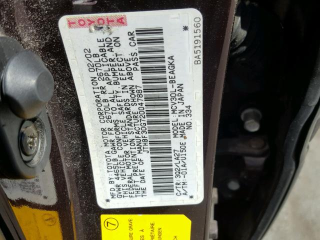 JTHBF30G720047887 - 2002 LEXUS ES 300 BURGUNDY photo 10