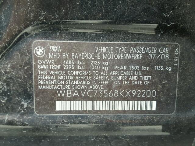 WBAVC73568KX92200 - 2008 BMW 328 XI SUL BLACK photo 10