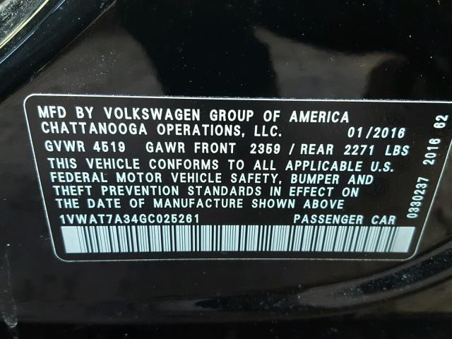 1VWAT7A34GC025261 - 2016 VOLKSWAGEN PASSAT S შავი ფოტო 10