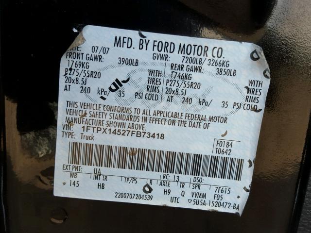 1FTPX14527FB73418 - 2007 FORD F150 BLACK photo 10