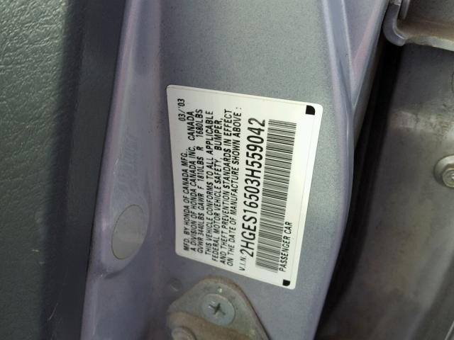 2HGES16503H559042 - 2003 HONDA CIVIC LX GRAY photo 10